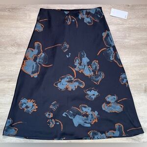 Nordstrom Rack Navy Blue Floral Midi Skirt With Elastic Waist Silky Feel